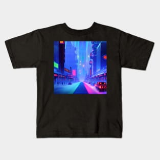 Ai Generated Art Scenery - Futuristic City Street With Neon Lighting Kids T-Shirt